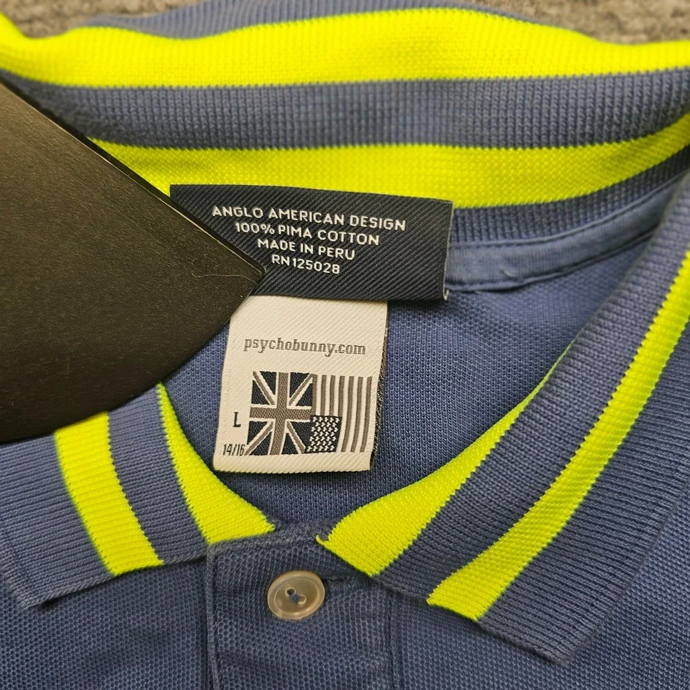 Psycho Bunny Kids Blue Pima Cotton Polo Shirt Neon Yellow Trim Size L 14/16